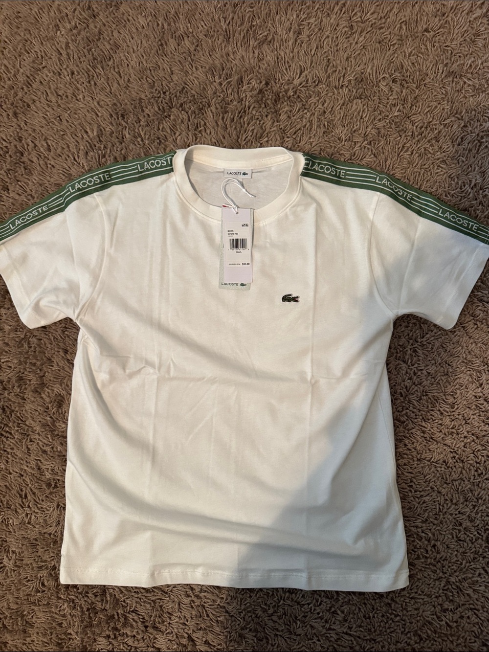 Lacoste Boys White Short Sleeve Tee with Green Shoulder Stripes
